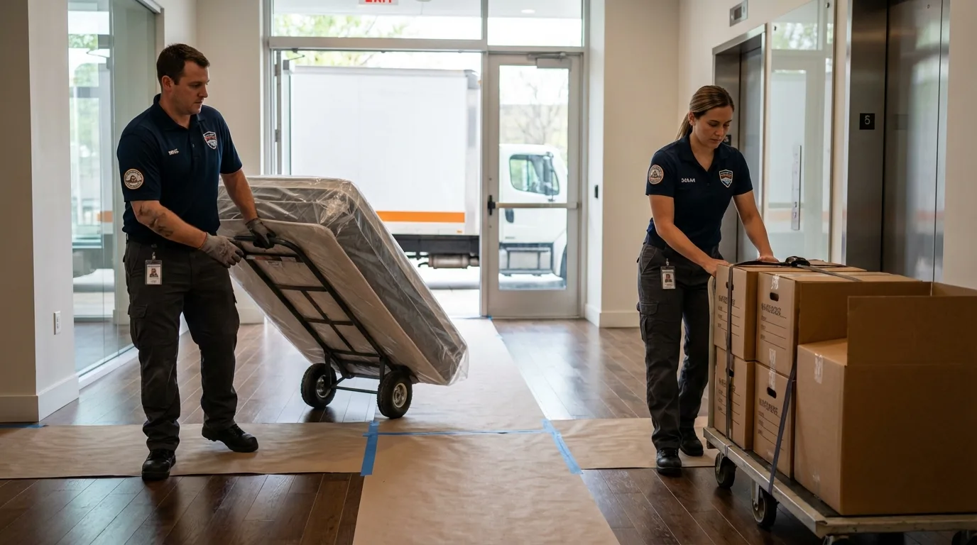 Professional apartment movers loading elevator in Franklin, TN