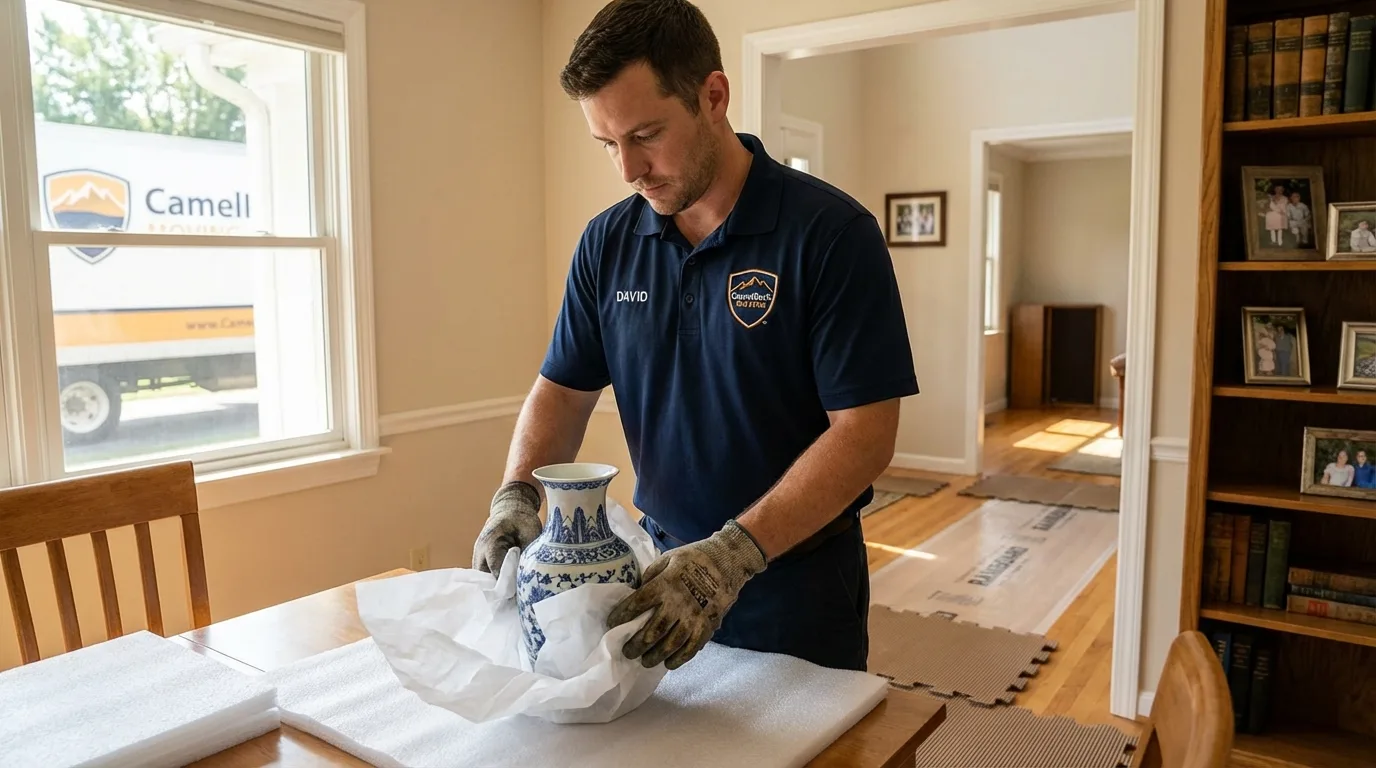 Professional crew carefully wrapping antique vase for senior downsizing move in Franklin, TN
